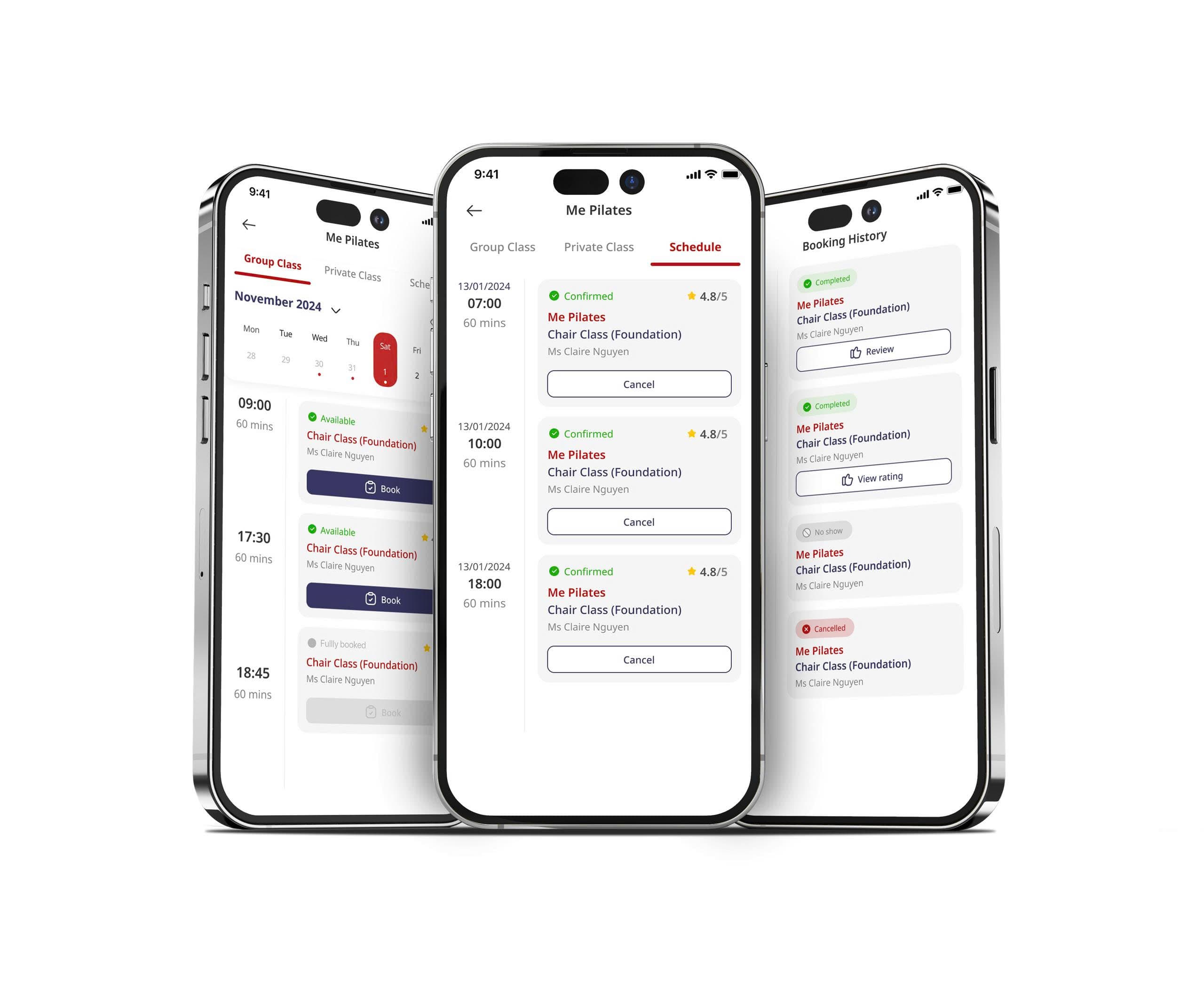 Actiwell class booking and schedule screens for gym members