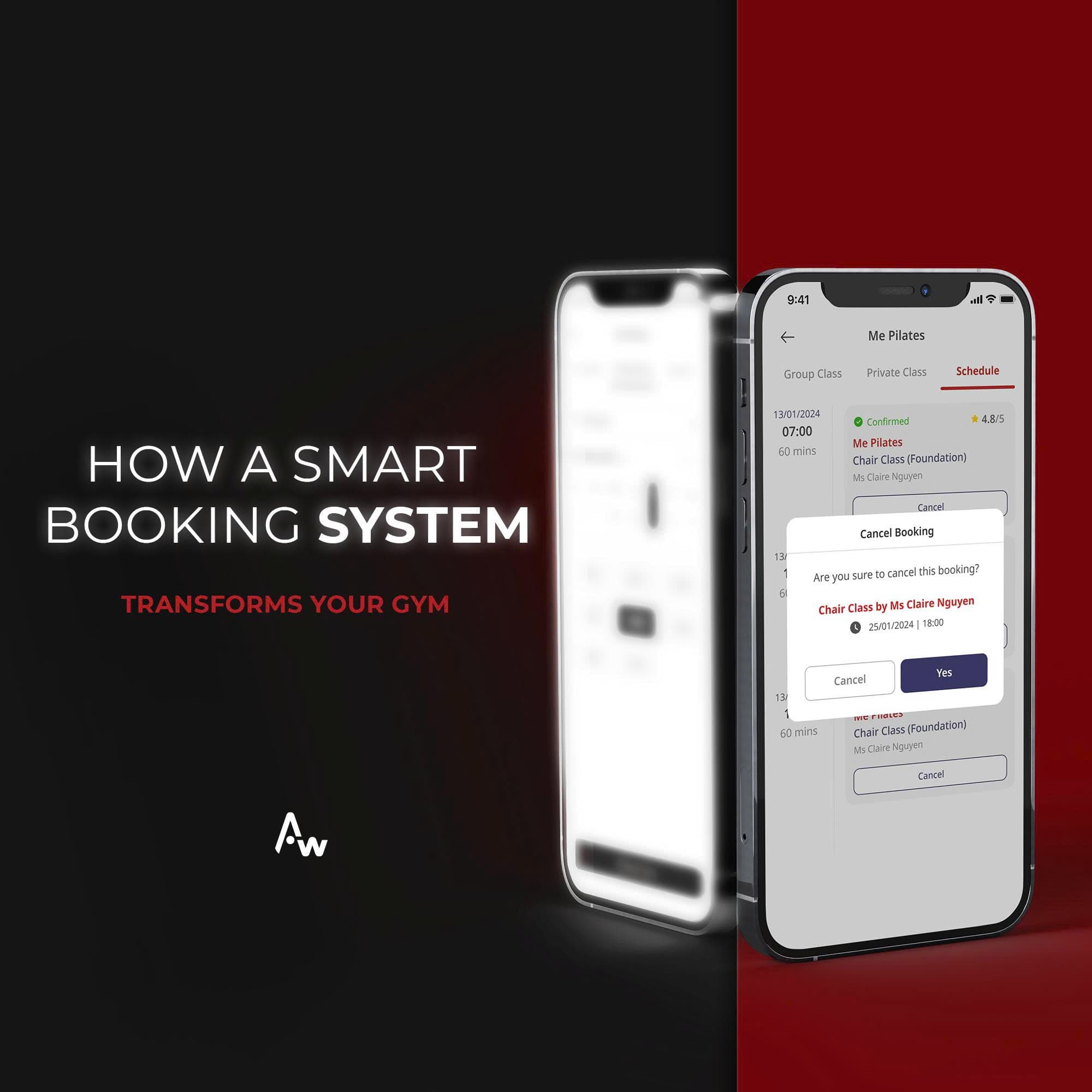 Actiwell booking system visual showing class schedule and cancellation flow